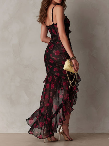 Elegant Black Floral Maxi Dress for Women with Sweetheart Neckline Spaghetti Strap Ruffle High Slit Formal Party Style