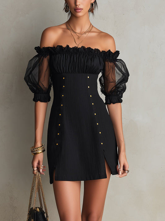 Elegant Black Mini Dress for Women with Off Shoulder Sheer Puff Sleeve Studded Cocktail Style