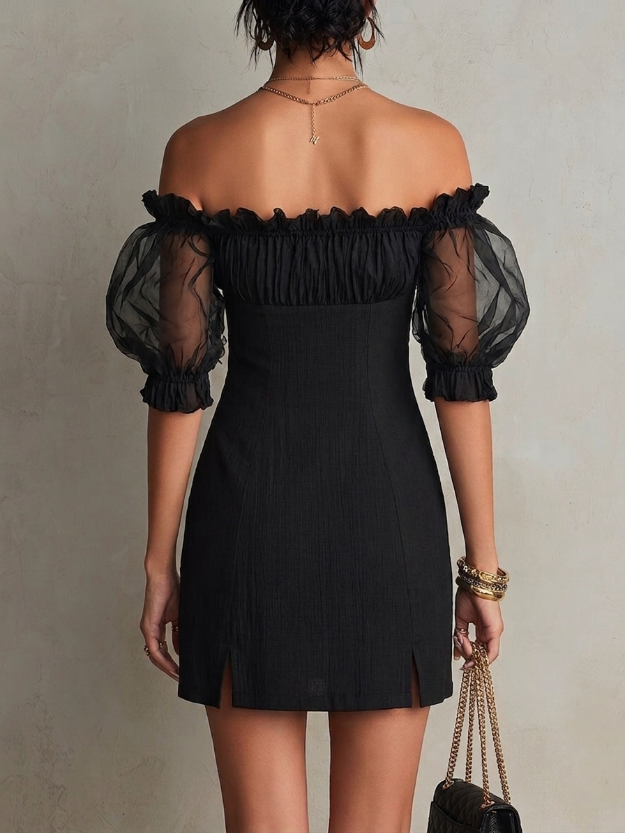 Elegant Black Mini Dress for Women with Off Shoulder Sheer Puff Sleeve Studded Cocktail Style