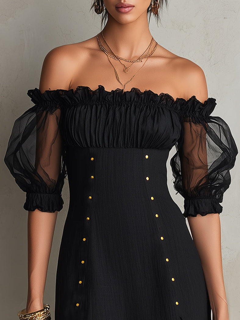 Elegant Black Mini Dress for Women with Off Shoulder Sheer Puff Sleeve Studded Cocktail Style