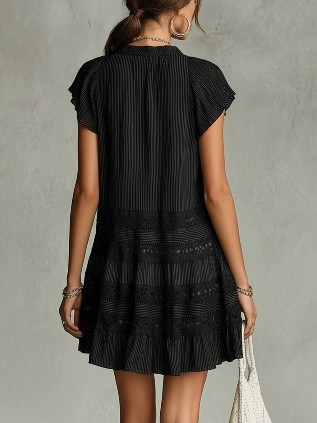 Elegant Black Striped Mini Dress for Women with V Neck Ruffle Sleeve Lace Trim Boho Style