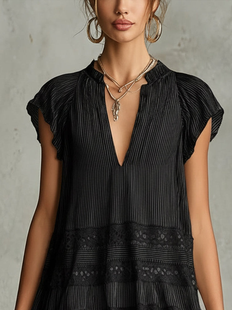 Elegant Black Striped Mini Dress for Women with V Neck Ruffle Sleeve Lace Trim Boho Style