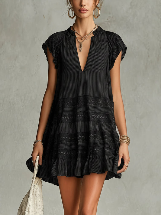 Elegant Black Striped Mini Dress for Women with V Neck Ruffle Sleeve Lace Trim Boho Style