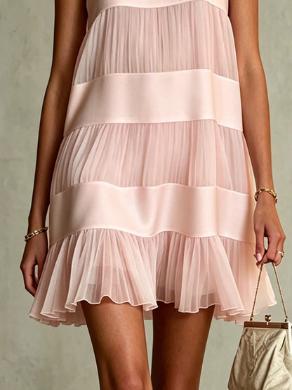 Elegant Light Pink Tiered Mini Dress for Women with Round Neck Sleeveless Pleated Ruffle Hem Flowing Style