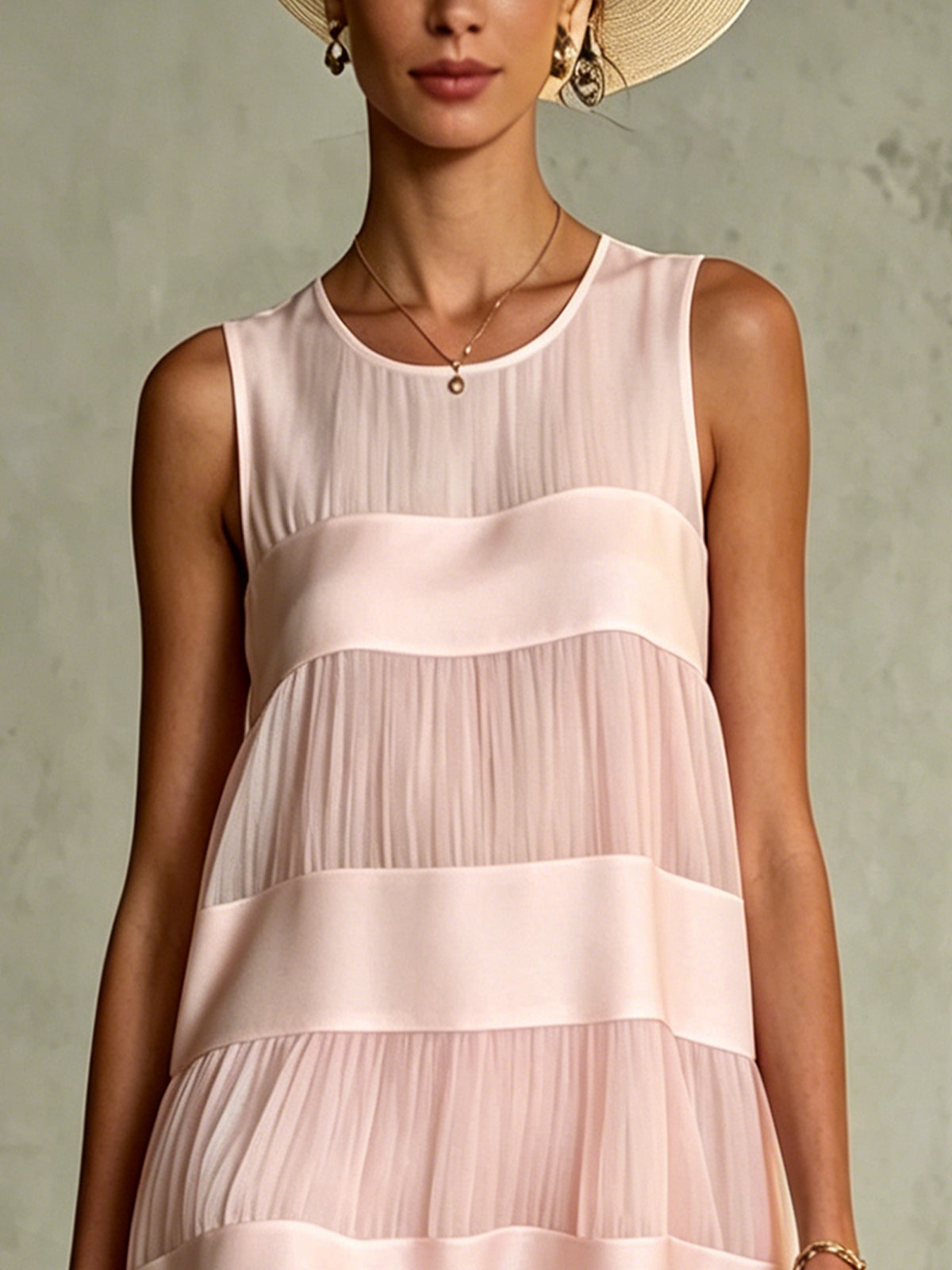Elegant Light Pink Tiered Mini Dress for Women with Round Neck Sleeveless Pleated Ruffle Hem Flowing Style