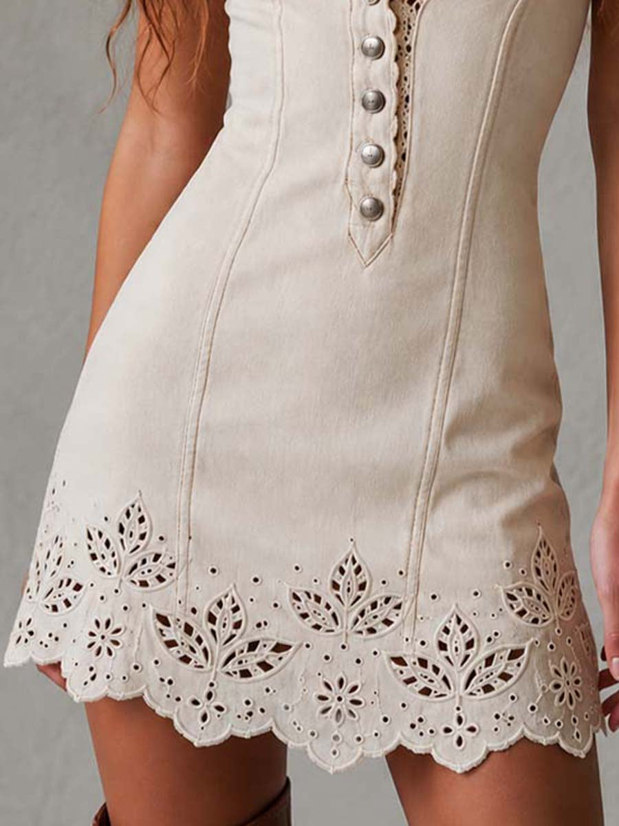 Elegant Ivory Crochet Denim Mini Dress for Women with V Neck Sleeveless Button Front Eyelet Hem Bohemian Style