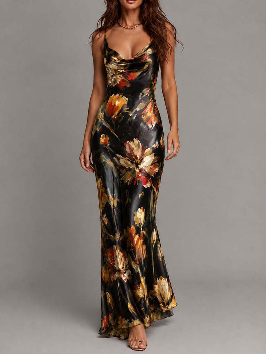 Elegant Satin Maxi Dress for Women with Cowl Neck Spaghetti Strap Floral Print Bias Cut Formal Style