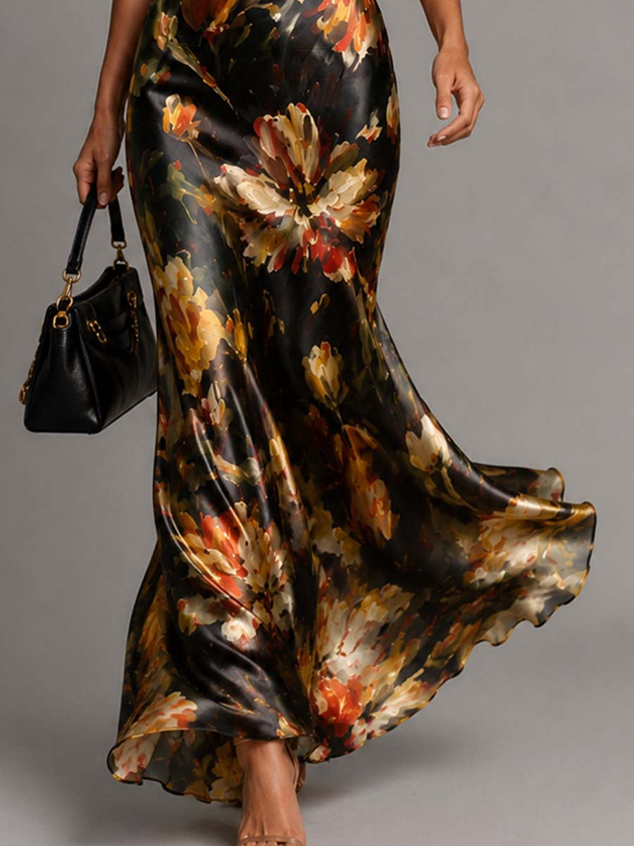 Elegant Satin Maxi Dress for Women with Cowl Neck Spaghetti Strap Floral Print Bias Cut Formal Style
