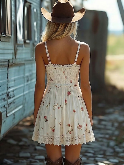 Elegant White Floral Mini Dress for Women with V-Neck Ruffle High Low Hem