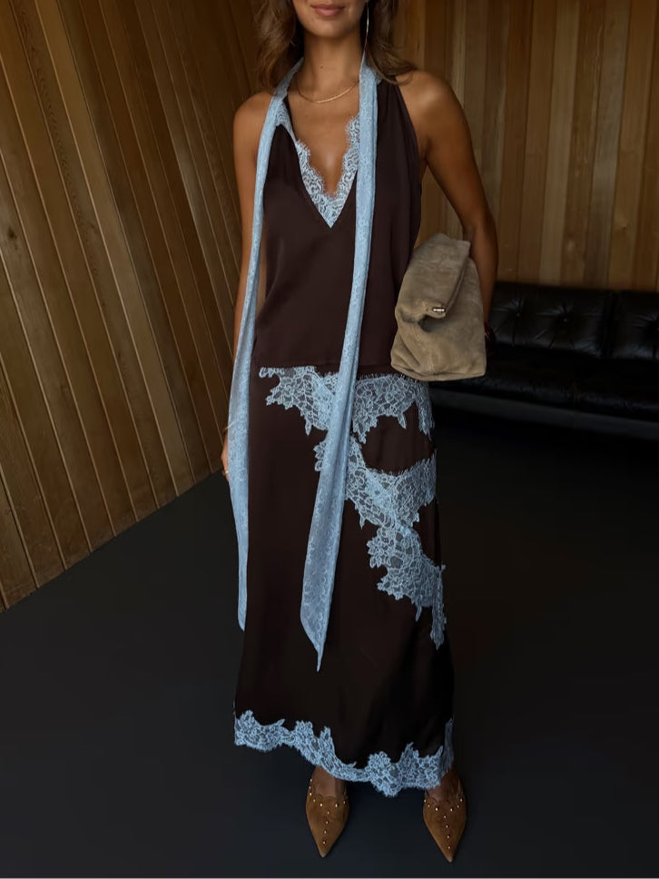 Elegant Brown Lace Trim Two Piece Set for Women with Halter Neck Sleeveless Maxi Skirt Wedding Guest Style