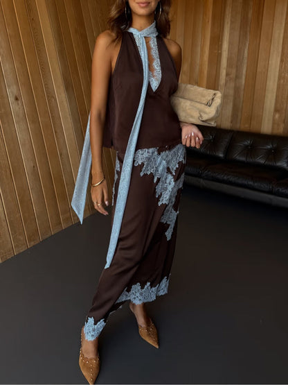 Elegant Brown Lace Trim Two Piece Set for Women with Halter Neck Sleeveless Maxi Skirt Wedding Guest Style