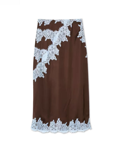Elegant Brown Lace Trim Two Piece Set for Women with Halter Neck Sleeveless Maxi Skirt Wedding Guest Style