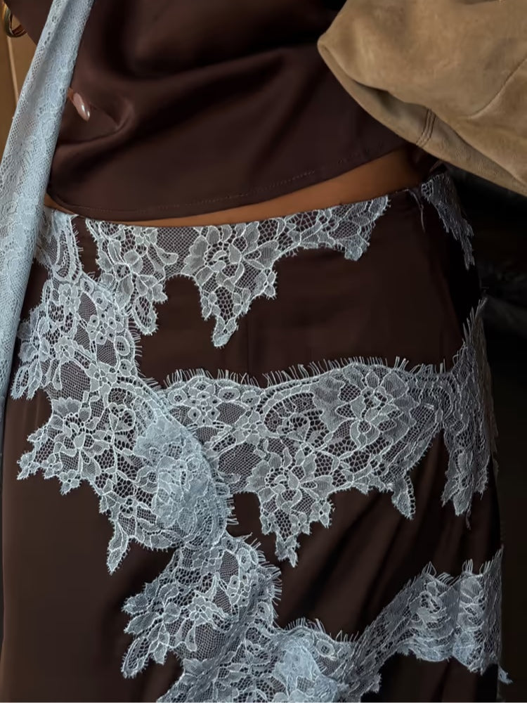Elegant Brown Lace Trim Two Piece Set for Women with Halter Neck Sleeveless Maxi Skirt Wedding Guest Style