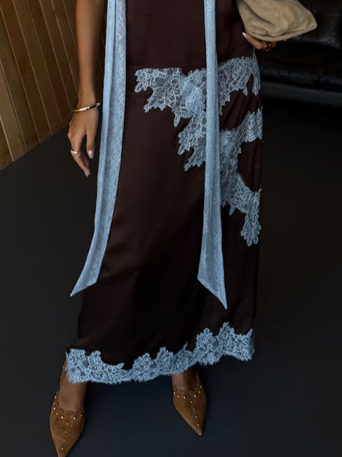 Elegant Brown Lace Trim Two Piece Set for Women with Halter Neck Sleeveless Maxi Skirt Wedding Guest Style