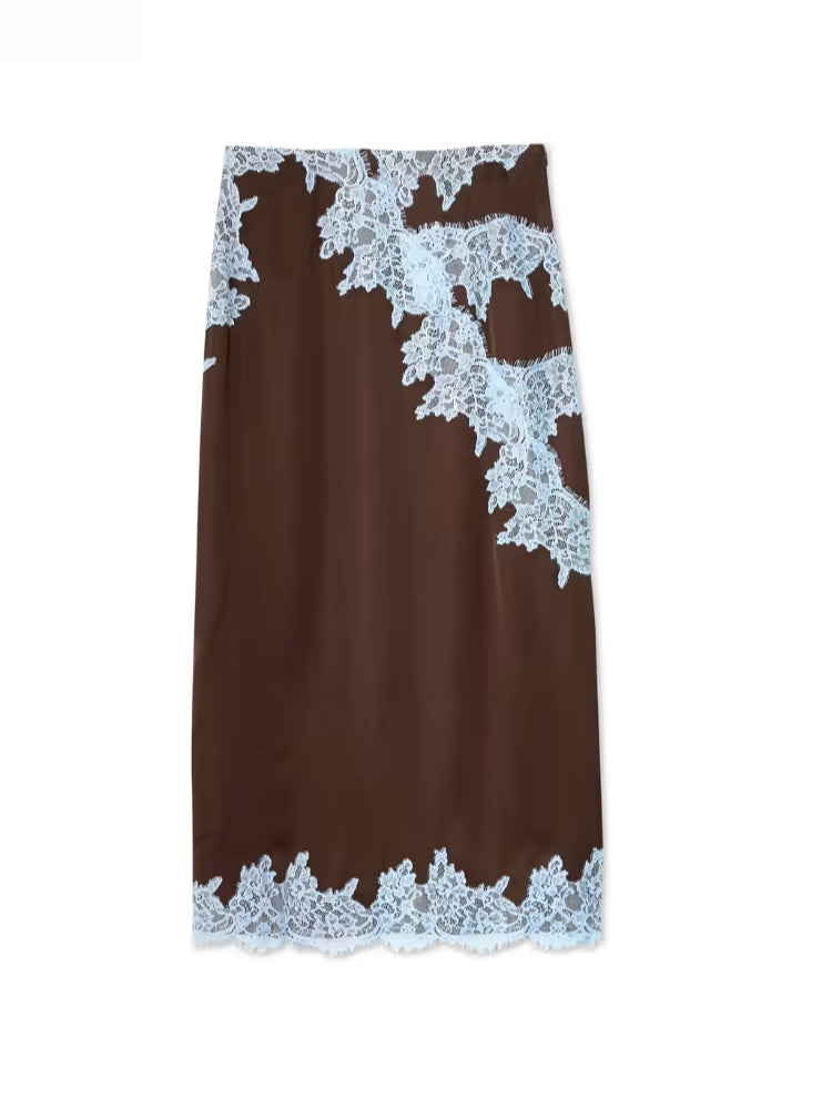 Elegant Brown Lace Trim Two Piece Set for Women with Halter Neck Sleeveless Maxi Skirt Wedding Guest Style