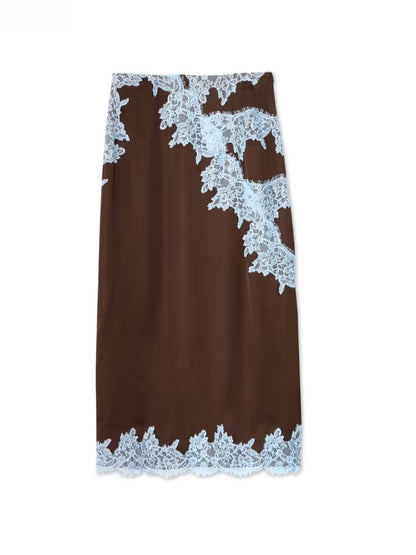 Elegant Brown Lace Trim Two Piece Set for Women with Halter Neck Sleeveless Maxi Skirt Wedding Guest Style