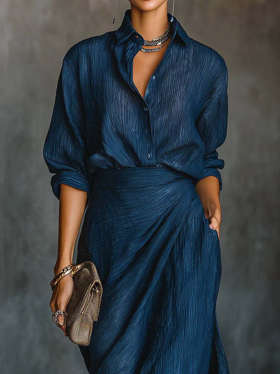 Elegant Dark Blue Textured Two Piece Set for Women with Collar Long Sleeve Wrap Maxi Skirt Flowing Style