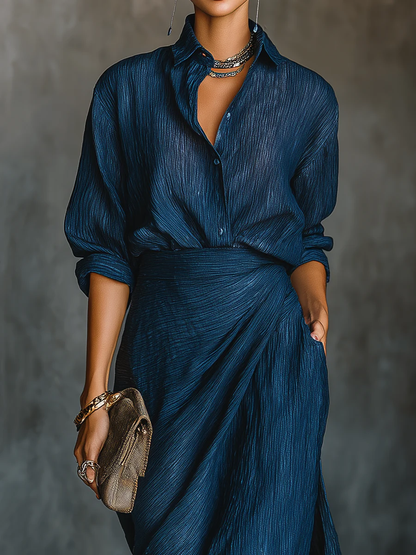 Elegant Dark Blue Textured Two Piece Set for Women with Collar Long Sleeve Wrap Maxi Skirt Flowing Style