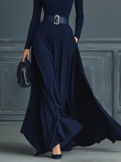 Elegant Dark Blue Maxi Dress for Women with Turtleneck Long Sleeve Belted Flowing Style