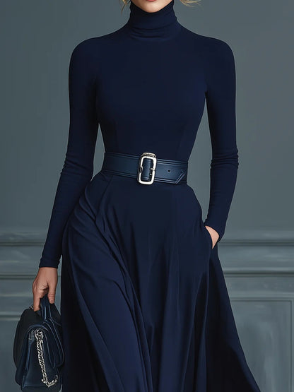 Elegant Dark Blue Maxi Dress for Women with Turtleneck Long Sleeve Belted Flowing Style