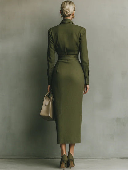 Elegant Army Green Wrap Midi Dress for Women with Collar Long Sleeve Ruched Waist Flowing Style