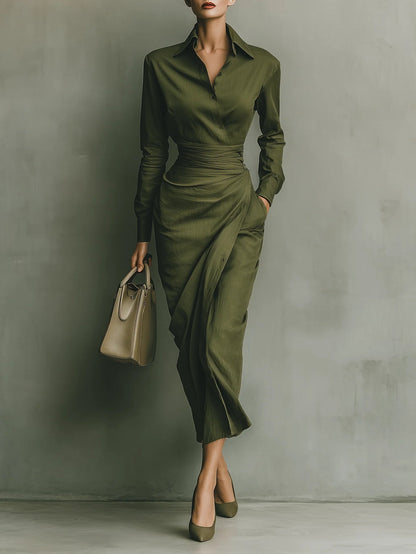 Elegant Army Green Wrap Midi Dress for Women with Collar Long Sleeve Ruched Waist Flowing Style