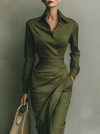 Elegant Army Green Wrap Midi Dress for Women with Collar Long Sleeve Ruched Waist Flowing Style