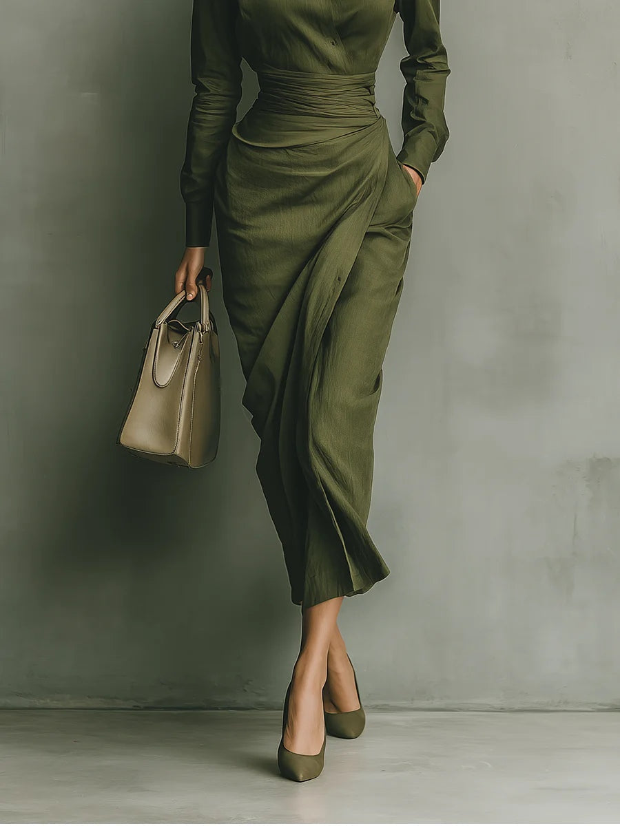 Elegant Army Green Wrap Midi Dress for Women with Collar Long Sleeve Ruched Waist Flowing Style