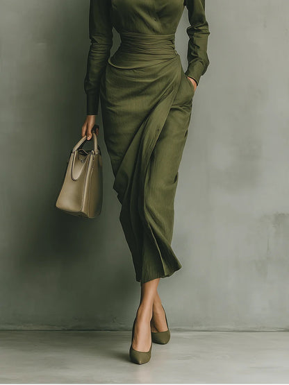 Elegant Army Green Wrap Midi Dress for Women with Collar Long Sleeve Ruched Waist Flowing Style