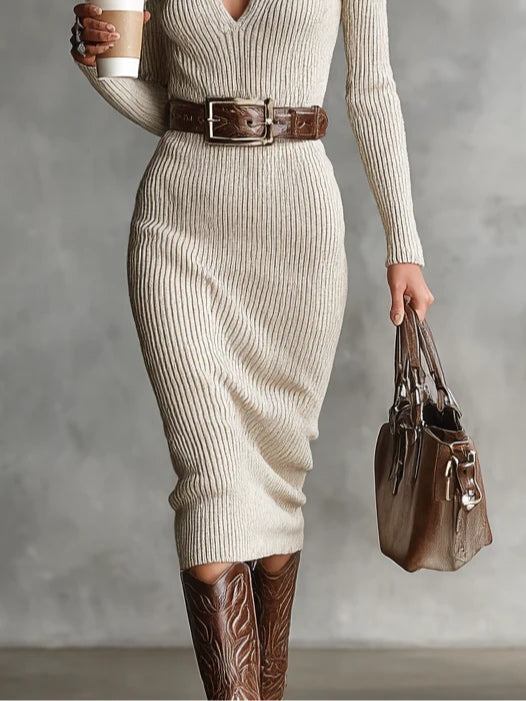 Elegant Beige Ribbed Sweater Dress for Women with Collar V Neck Long Sleeve Bodycon Midi Style