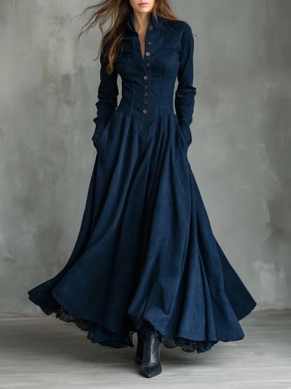 Elegant Dark Blue Maxi Dress for Women with Collar Long Sleeve Button Front Fit and Flare Style