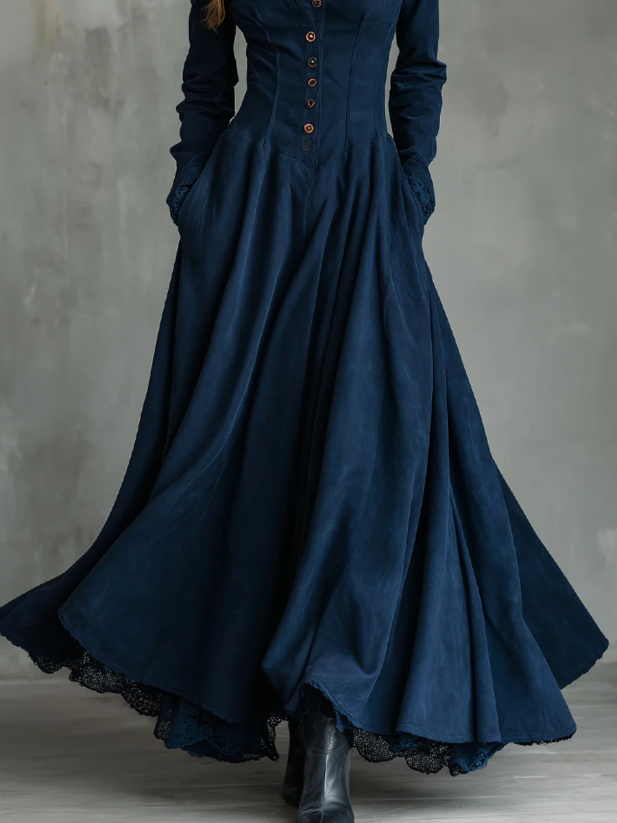 Elegant Dark Blue Maxi Dress for Women with Collar Long Sleeve Button Front Fit and Flare Style