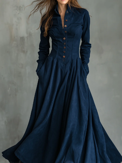Elegant Dark Blue Maxi Dress for Women with Collar Long Sleeve Button Front Fit and Flare Style