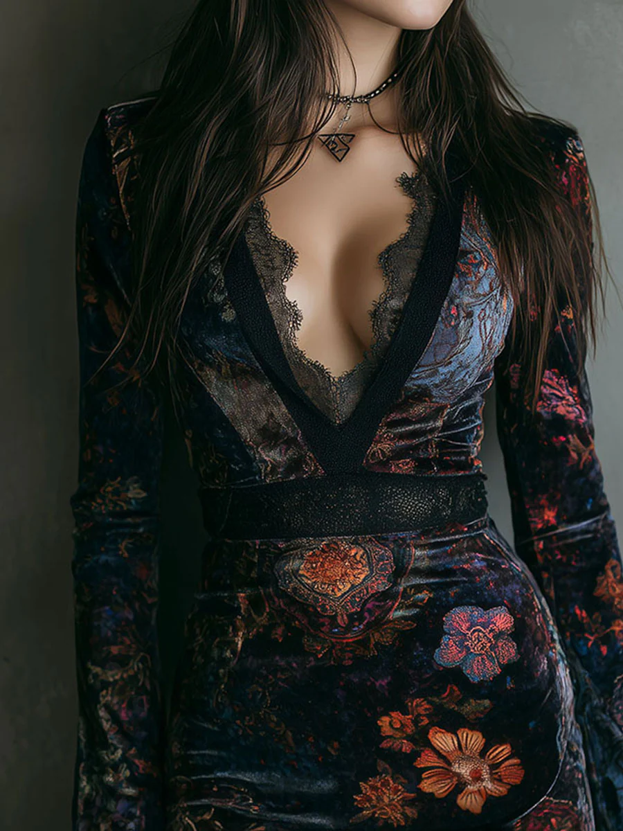 Elegant Floral Velvet Mini Dress for Women with V Neck Bell Sleeve Lace Trim Bodycon Style