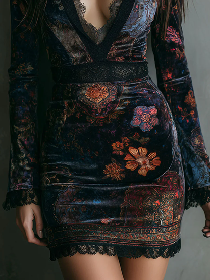 Elegant Floral Velvet Mini Dress for Women with V Neck Bell Sleeve Lace Trim Bodycon Style