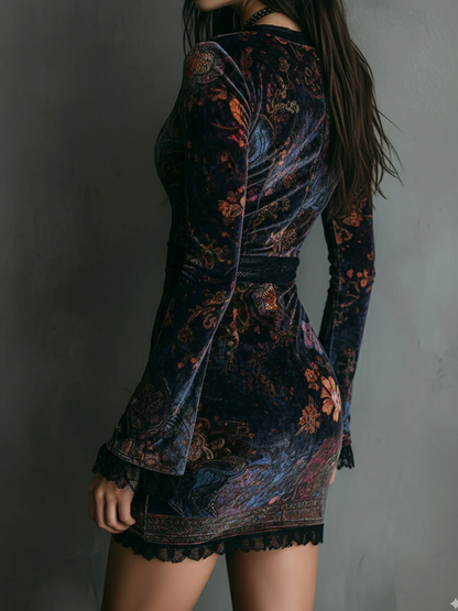Elegant Floral Velvet Mini Dress for Women with V Neck Bell Sleeve Lace Trim Bodycon Style