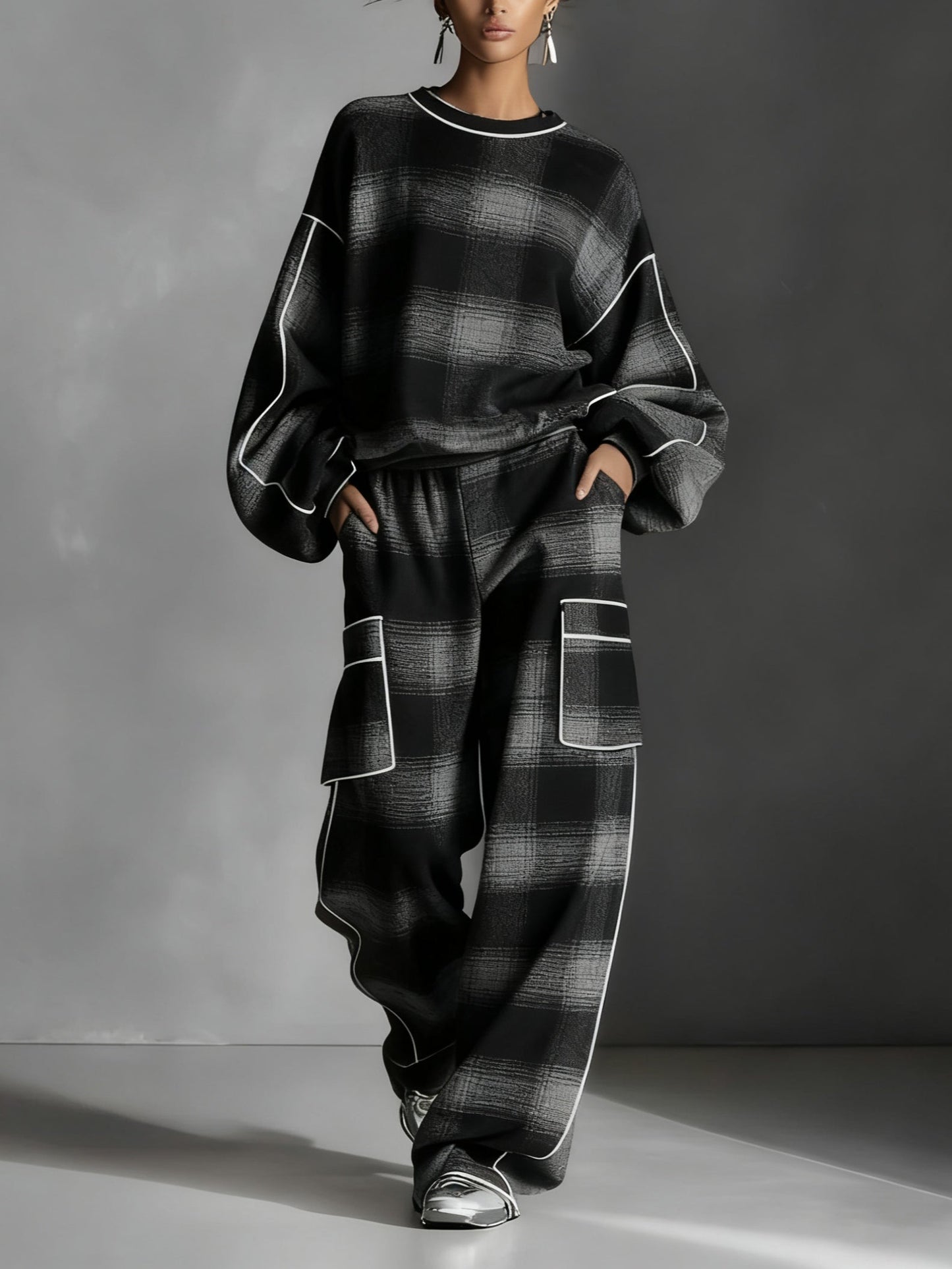 Effortless Black Gray Plaid Two Piece Set for Women with Round Neck Long Sleeve Cargo Pocket Relaxed Style