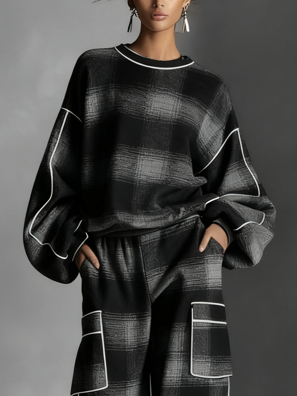 Effortless Black Gray Plaid Two Piece Set for Women with Round Neck Long Sleeve Cargo Pocket Relaxed Style