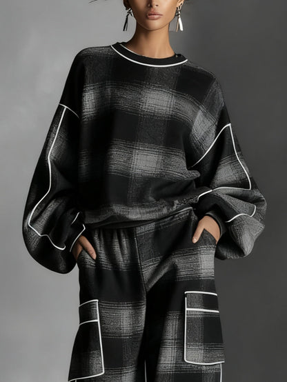 Effortless Black Gray Plaid Two Piece Set for Women with Round Neck Long Sleeve Cargo Pocket Relaxed Style