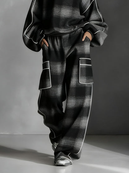 Effortless Black Gray Plaid Two Piece Set for Women with Round Neck Long Sleeve Cargo Pocket Relaxed Style