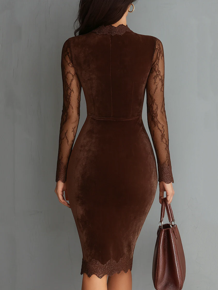 Elegant Velvet Mini Dress for Women with Keyhole Lace Sleeve Bodycon Fit