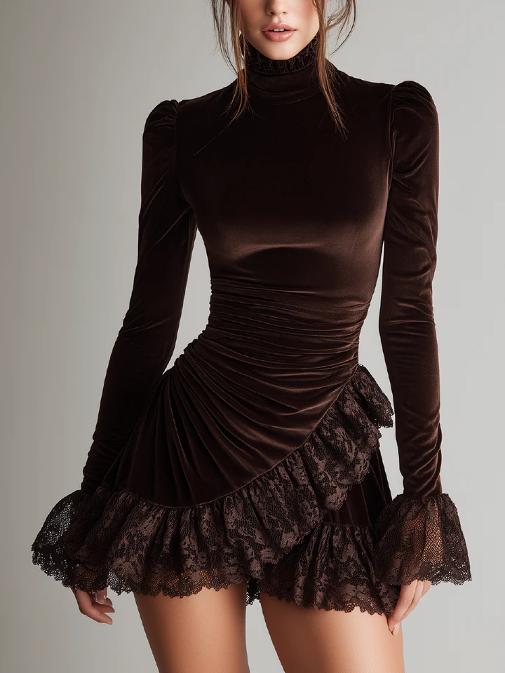 Elegant Brown Velvet Mini Dress for Women with High Neck Long Sleeve Ruched Lace Ruffle Style