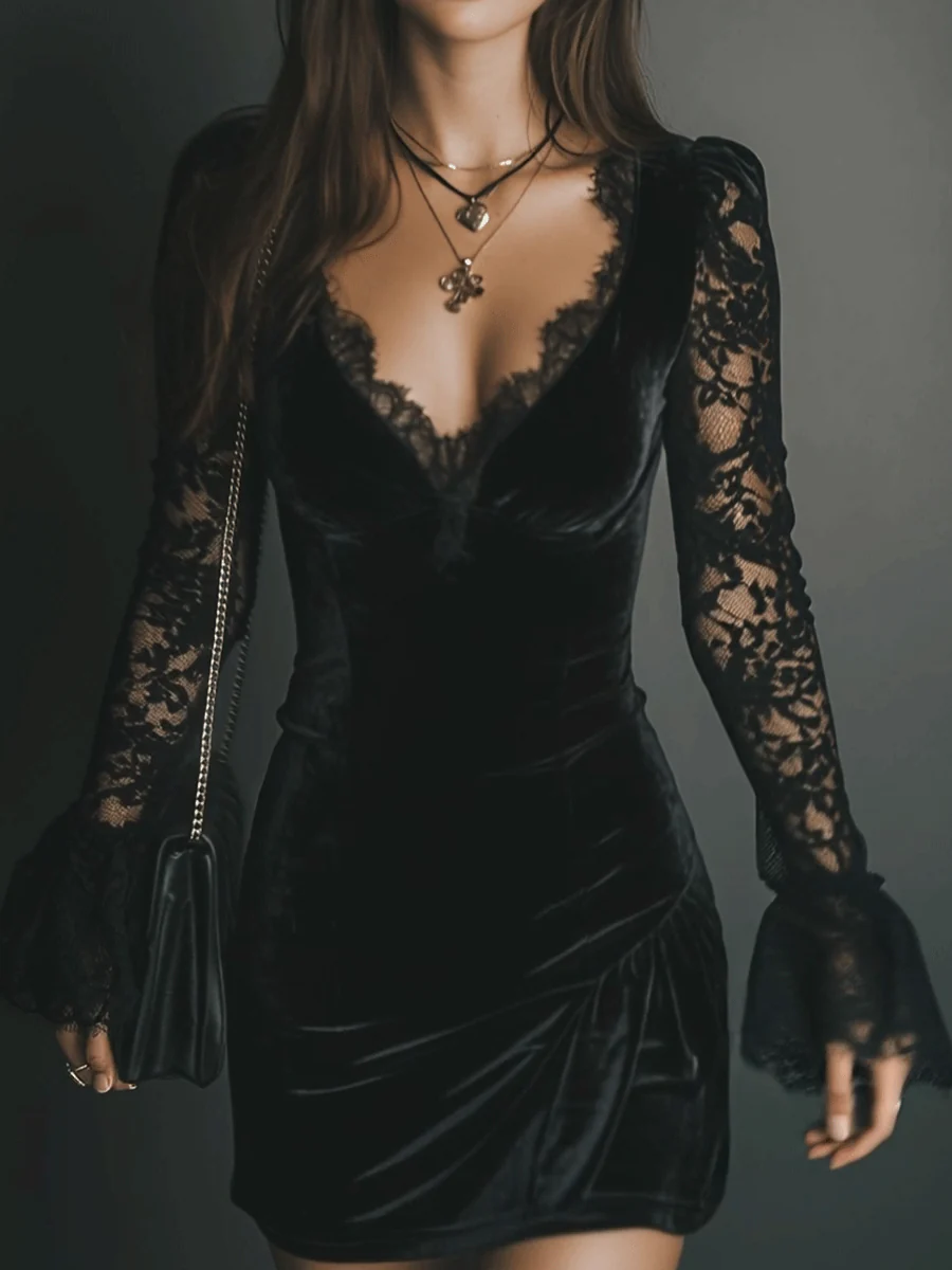 Elegant Black Velvet Mini Dress for Women with V Neck Lace Long Sleeve Bodycon Cocktail Style