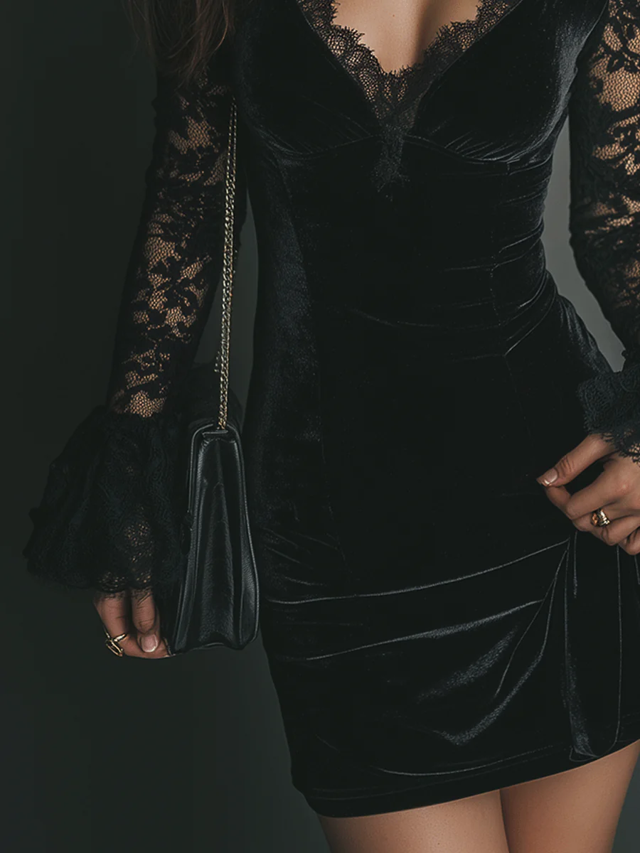 Elegant Black Velvet Mini Dress for Women with V Neck Lace Long Sleeve Bodycon Cocktail Style