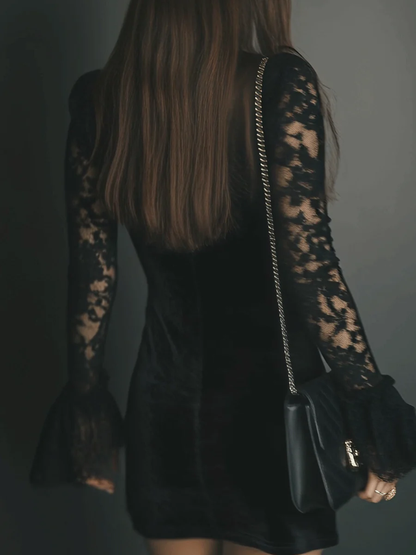 Elegant Black Velvet Mini Dress for Women with V Neck Lace Long Sleeve Bodycon Cocktail Style