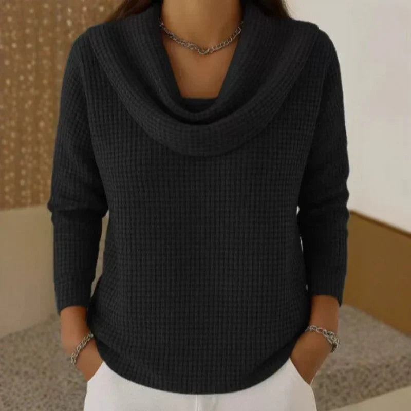 Comfortable Waffle Knit Sweater for Women with Cowl Neck Long Sleeve Relaxed Oversized Style