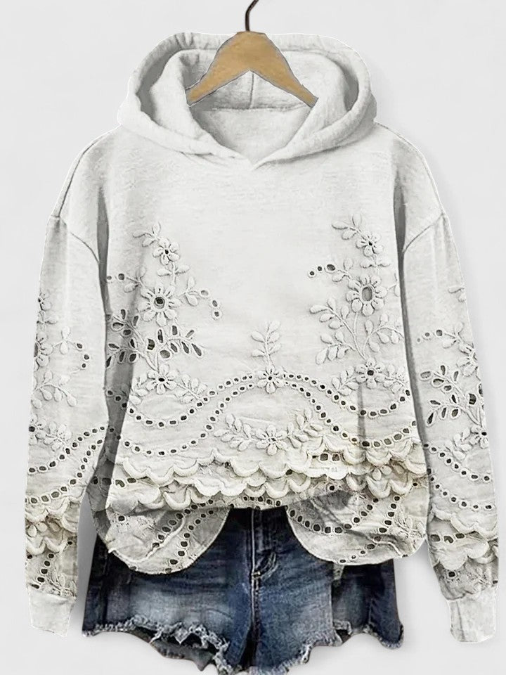 Comfortable Floral Eyelet Cropped Hoodie for Women with Hood Long Sleeve Scalloped High Low Hem Boho Style