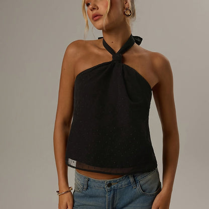 Elegant Black Swiss Dot Halter Top for Women with Twist Neck Open Back Cropped Flowing Style