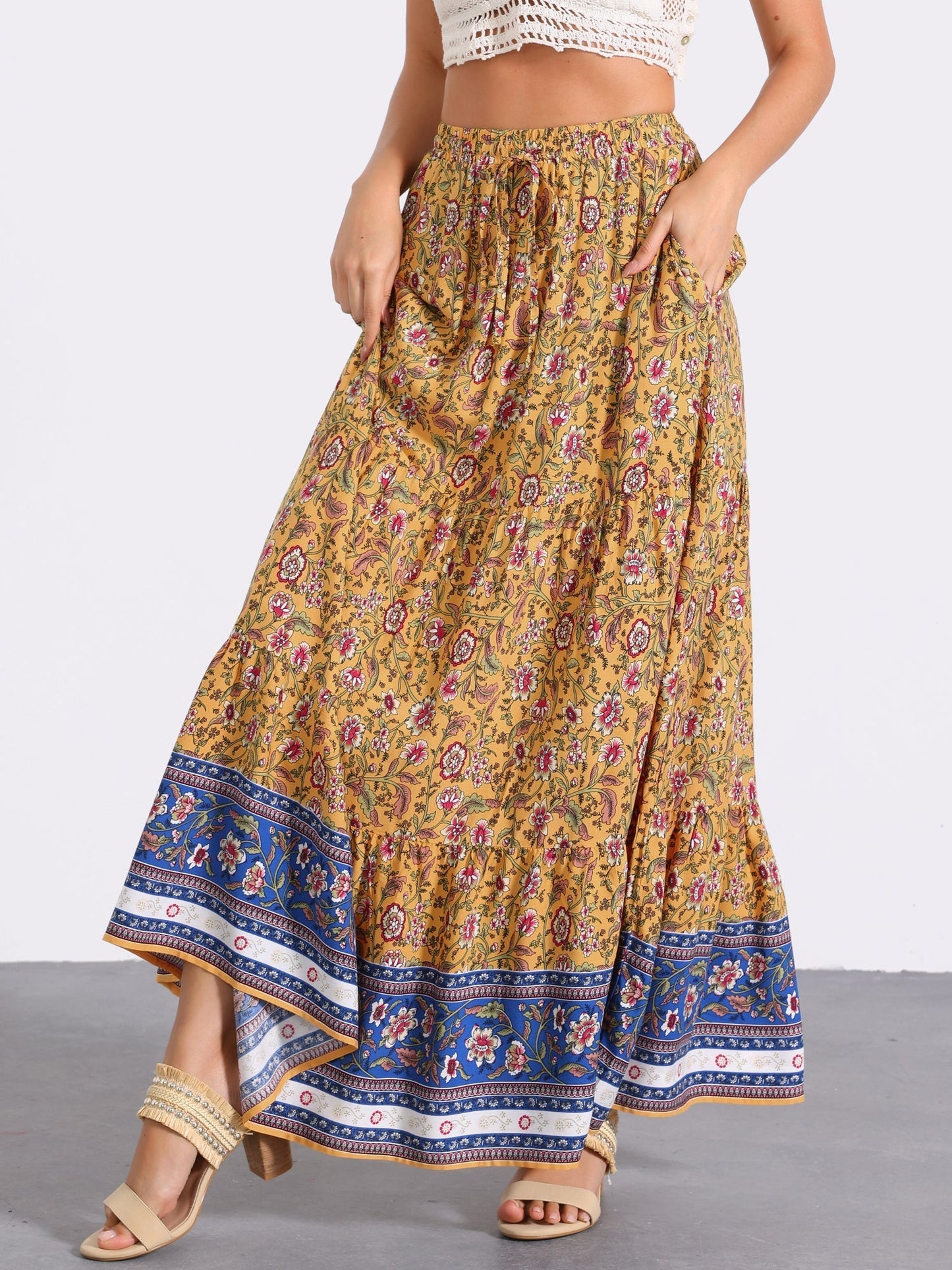 Effortless Printed Maxi Skirt for Women with High Waist Side Slit Flowing