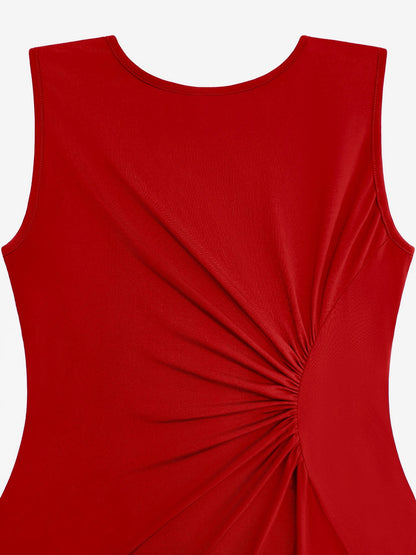Elegant Red Midi Dress for Women with Crew Neck Sleeveless Twist Waist High Low Hem